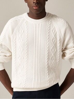 Knit for J.Crew Ivory Cable Knit Sweater 100% Cotton Fisherman Style Size Large